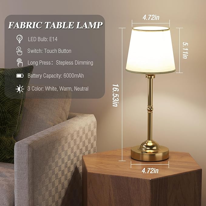 Cordless Table Lamps, 3 Colors Stepless Dimming Fabric Desk Lamp, 6000mAh Rechargeable Battery LED Desk Lamp for Bedroom, Camping, Dining, Bar, Night Light, Desk, Cafe