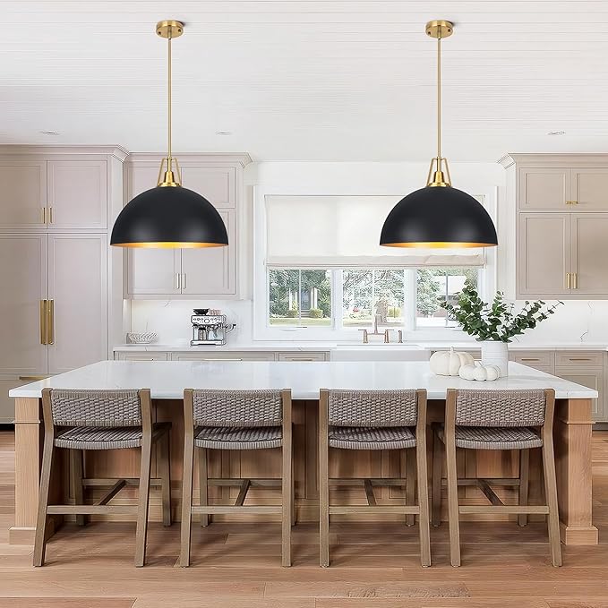 19.69" Large Black Dome Pendant Light Fixtures, Black and Gold Dome Pendant Lights for Kitchen Island, Farmhouse Chandeliers for Dining Room, Living Room, Bedroom, Entryway, Foyer