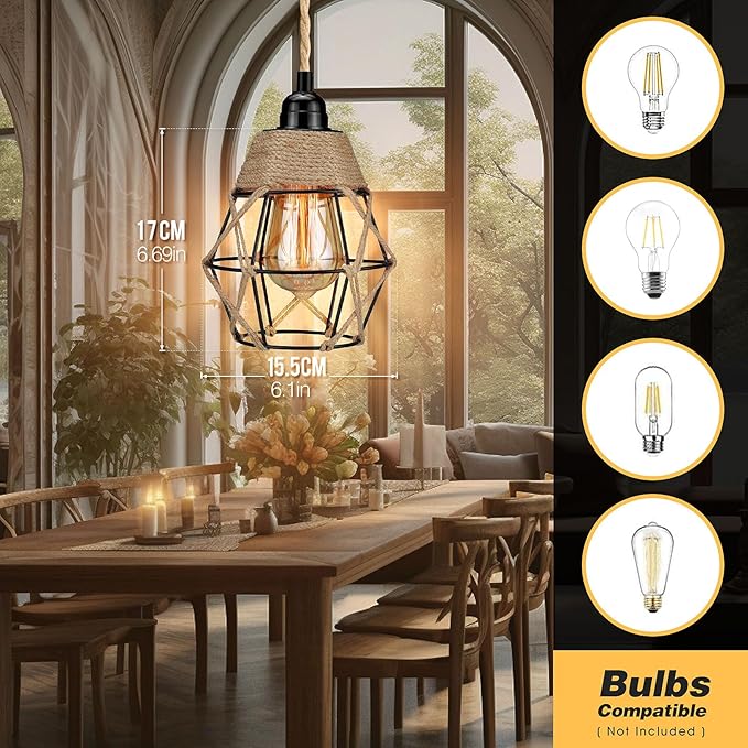Plug in Pendant Light, Industrial Hanging Light with Plug in Cord, Hemp Rope On/Off Switch Farmhouse Pendant Light, Hanging Lamps for Dining Room
