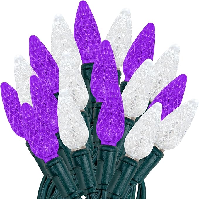 Novelty Lights 24FT 70 LED C6 Commercial Grade LED String Lights, Tree Decorations. Outdoor & Indoor usage, Permanent Christmas Lights. Pure White & Purple