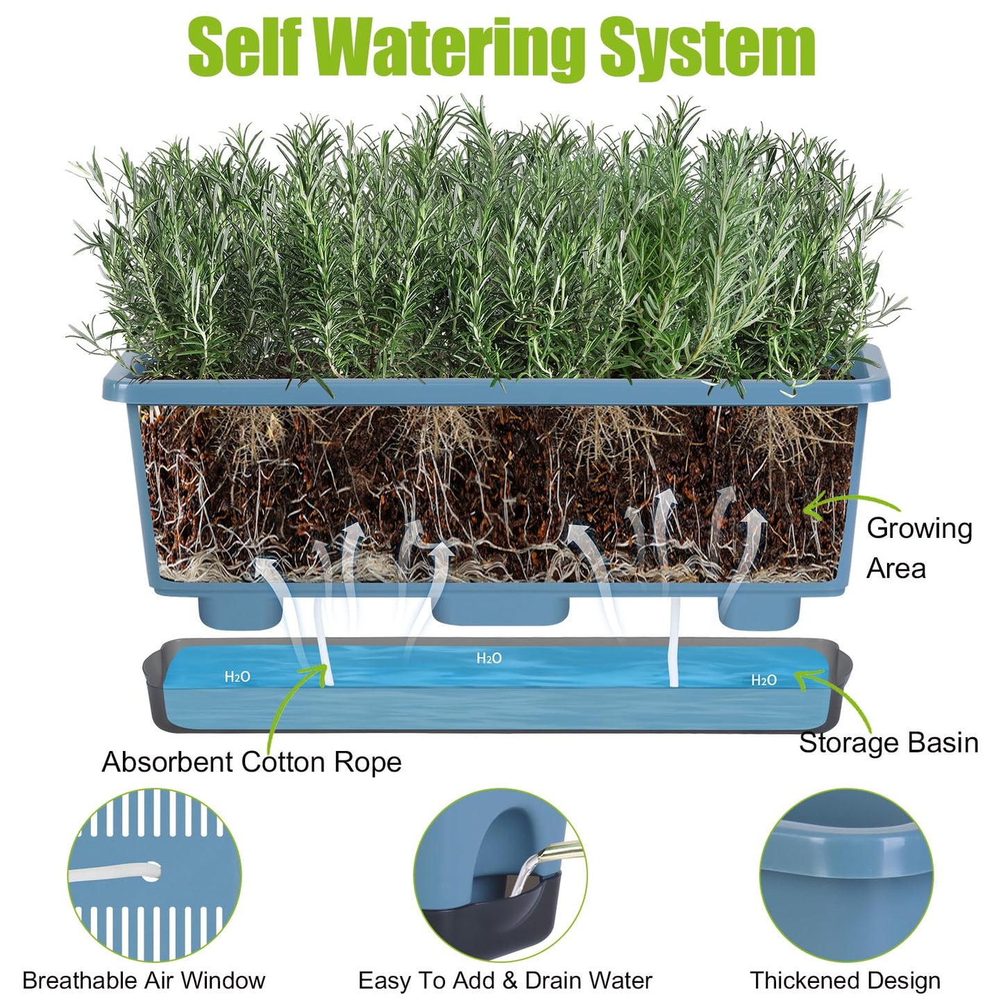 Window Box Planter 4 Packs, 17 Inches Rectangle Flower Pots with Drainage Holes & Trays, Pots for Vegetables, Herbs, Flowers, Garden Windowsill Balcony (Blue, 17 * 5.1 * 6 inch)
