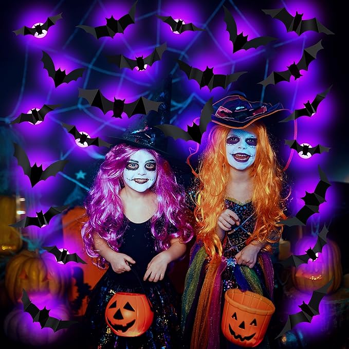 36 PCS LED Purple Lighted 3D Bats Halloween Decoration, 5 Sizes & 4 Shapes Removable PVC Bats Sticker, Waterproof Halloween Bat Wall Decor for Home Indoor Outdoor Bedroom Window Door Wall Party Decor