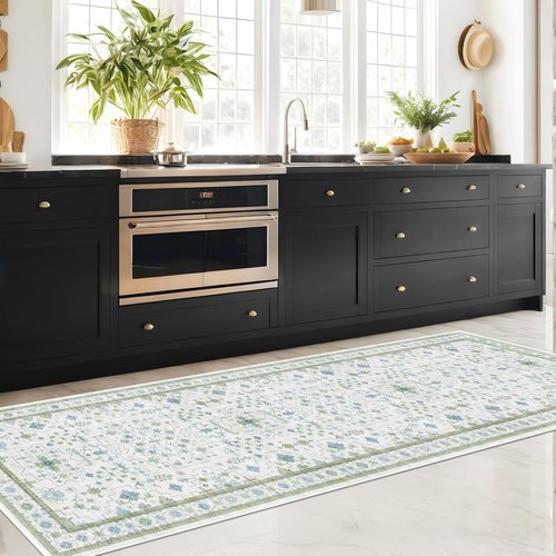 Hazo Haus Oushak 3x12 Wide Hallway Runner Rug - Vintage Turkish Floral, Washable Low Pile Non Slip 12ft Long Runners for Large Kitchen, Hall Way - Light Blue and Green