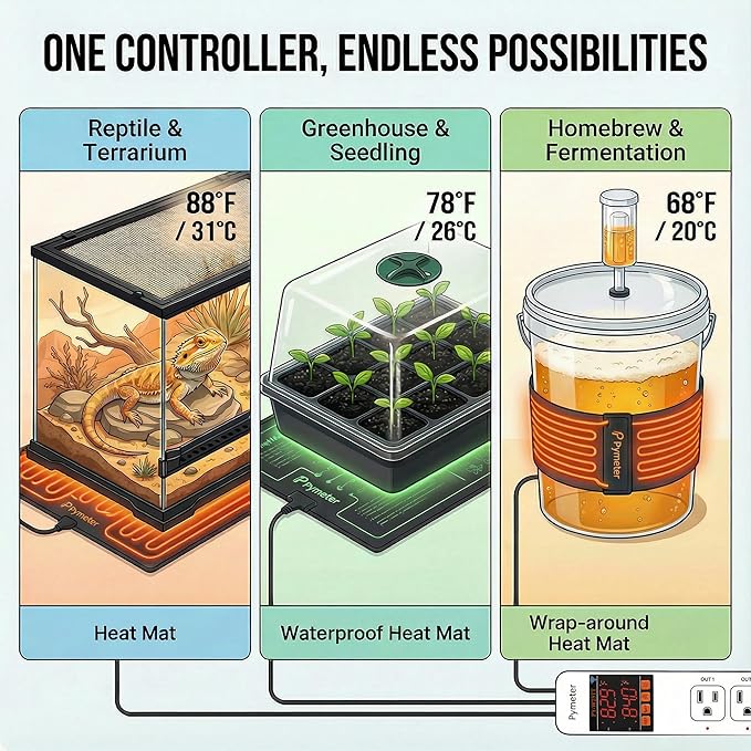 WiFi Temperature Controller with Dual Probes, Smart Digital Thermostat with Two Outlets for Reptile Heat Mat, Greenhouse Seedlings, Homebrew Fermentation, Cooling Fan, Remote App Control