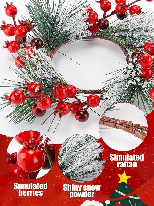 Christmas Candle Rings - Decorative Wreath Garland for 3" Dia Pillar Candles | Artificial Red Berries