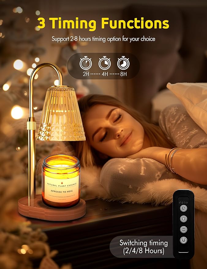 Candle Warmer Lamp with Timer, Dimmable Candle Lamp Warmer, Height Adjustable, Birthday Gifts for Women Mom, Vintage Home Decor for Scented Jar - Golden