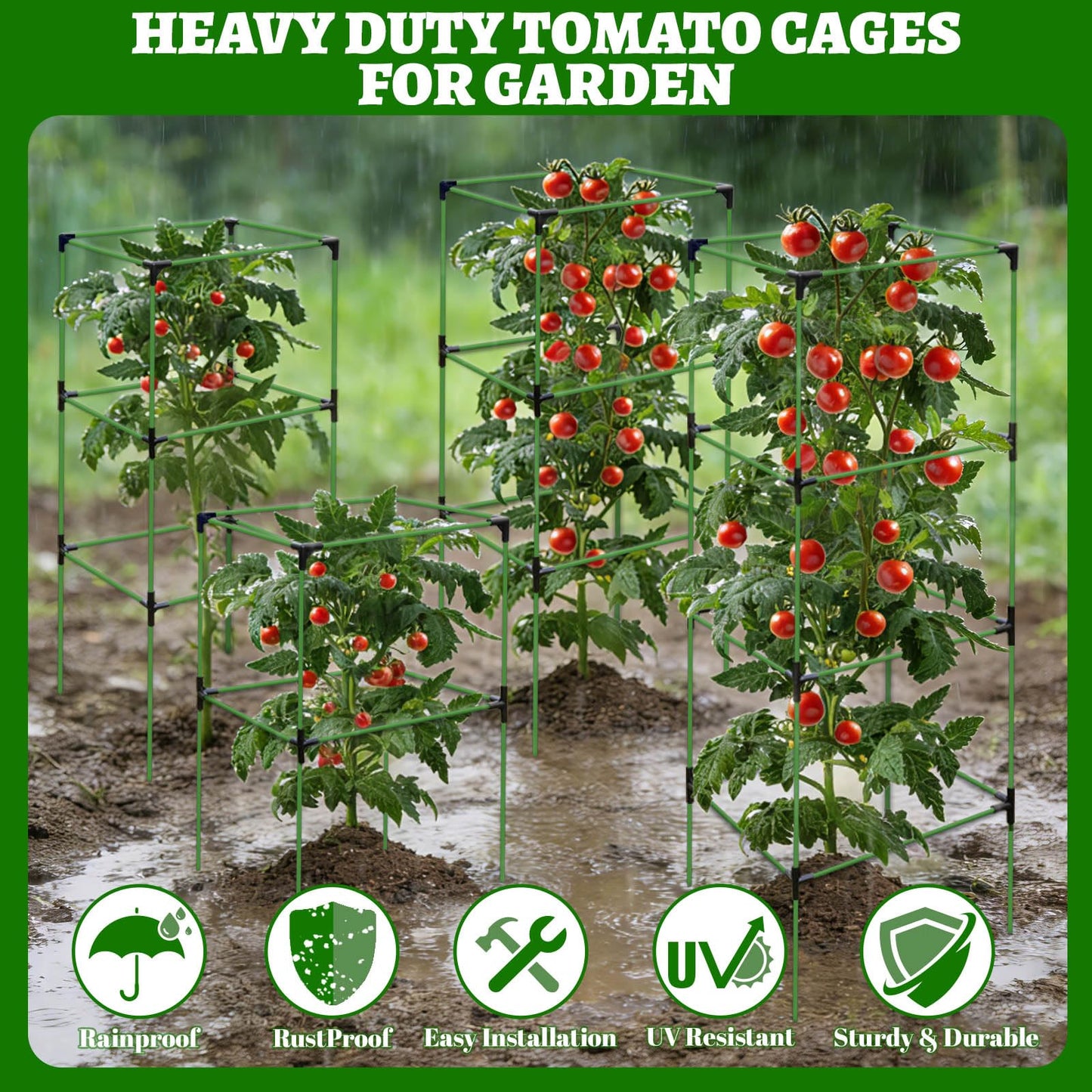 2 Pack Tomato Cages for Garden,Square Tomato Plant Cage Support Heavy Duty Pole 57*15.4*15.4 Inches,Steel Plant Tower Stakes,Cherry Tomato Trellis Cucumber for Climbing Vegetables Flowers Fruits-Green