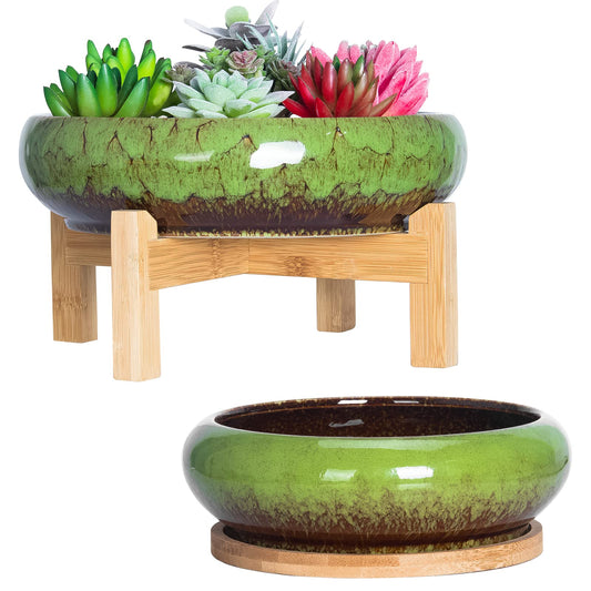 Succulent Planters, Large Succulent Pots with Drainage Bamboo Trays Colorful Bonsai Pots with Stand Ceramic Flower Pot Set of 2, Round Cactus Pot for Indoor Plants (7.3 and 10'')