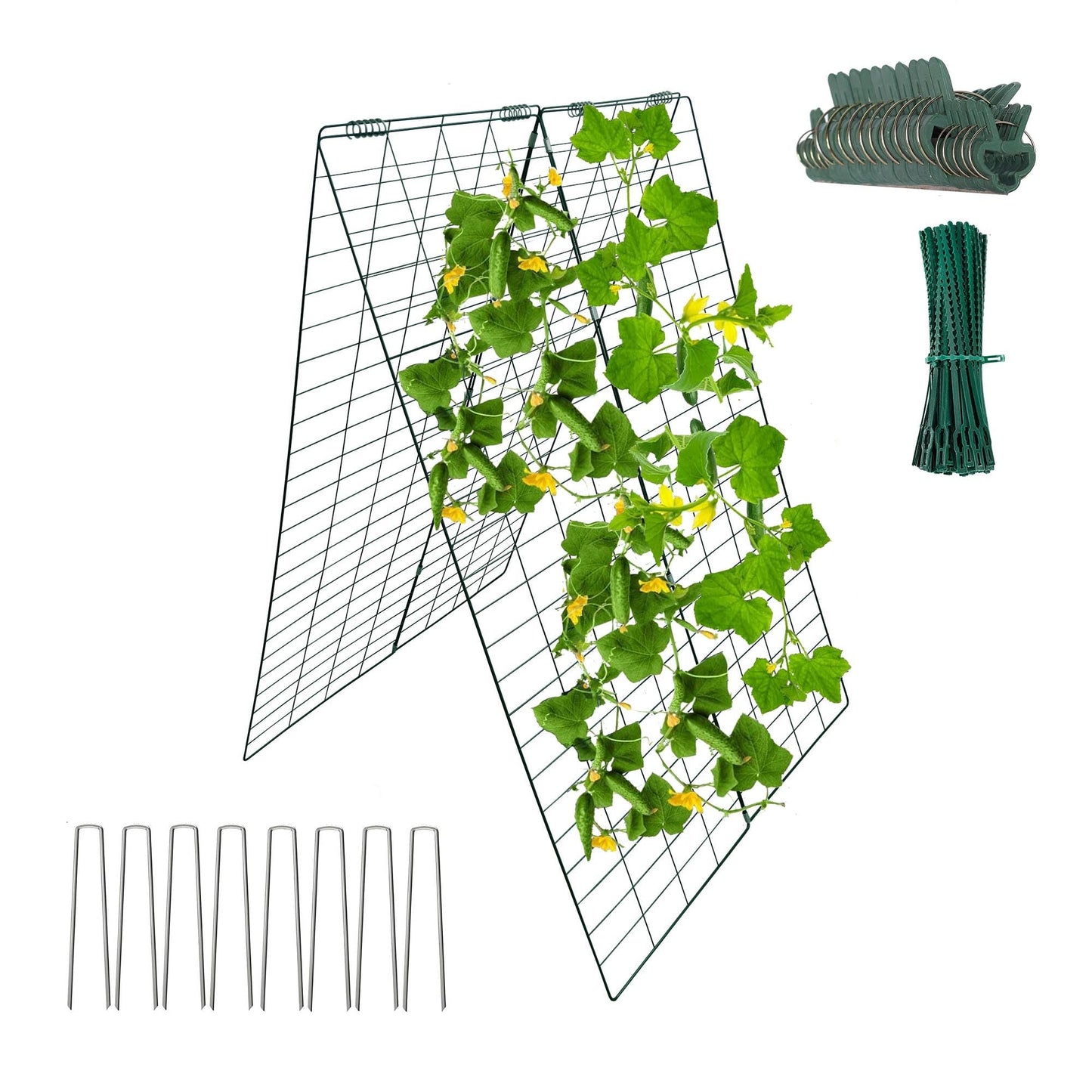 Garden Cucumber Trellis A-Frame Folding Plant Trellis 48 Inch by 34 Inch for Climbing Vegetables Flowers Green 1 Pack with Clips,Cable Ties and Ground Stakes