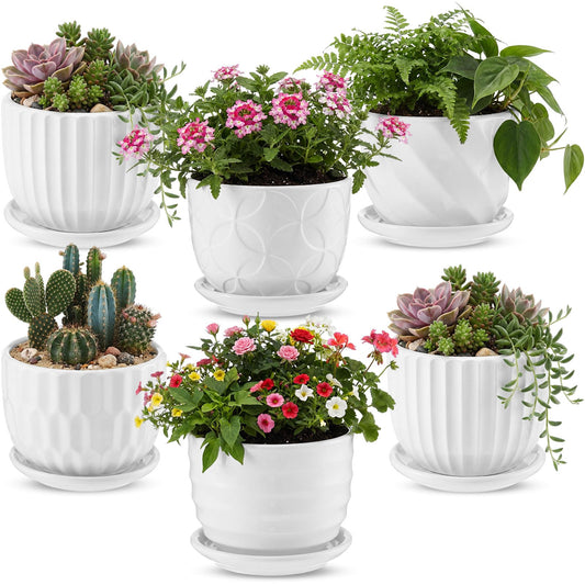 Maxdot 6 Set 4 Inch Ceramic Pots for Plants White Flower Pots with Drainage Holes Saucer Flower Planter for Indoor Outdoor Gardening Home Desktop Office Windowsill Decor