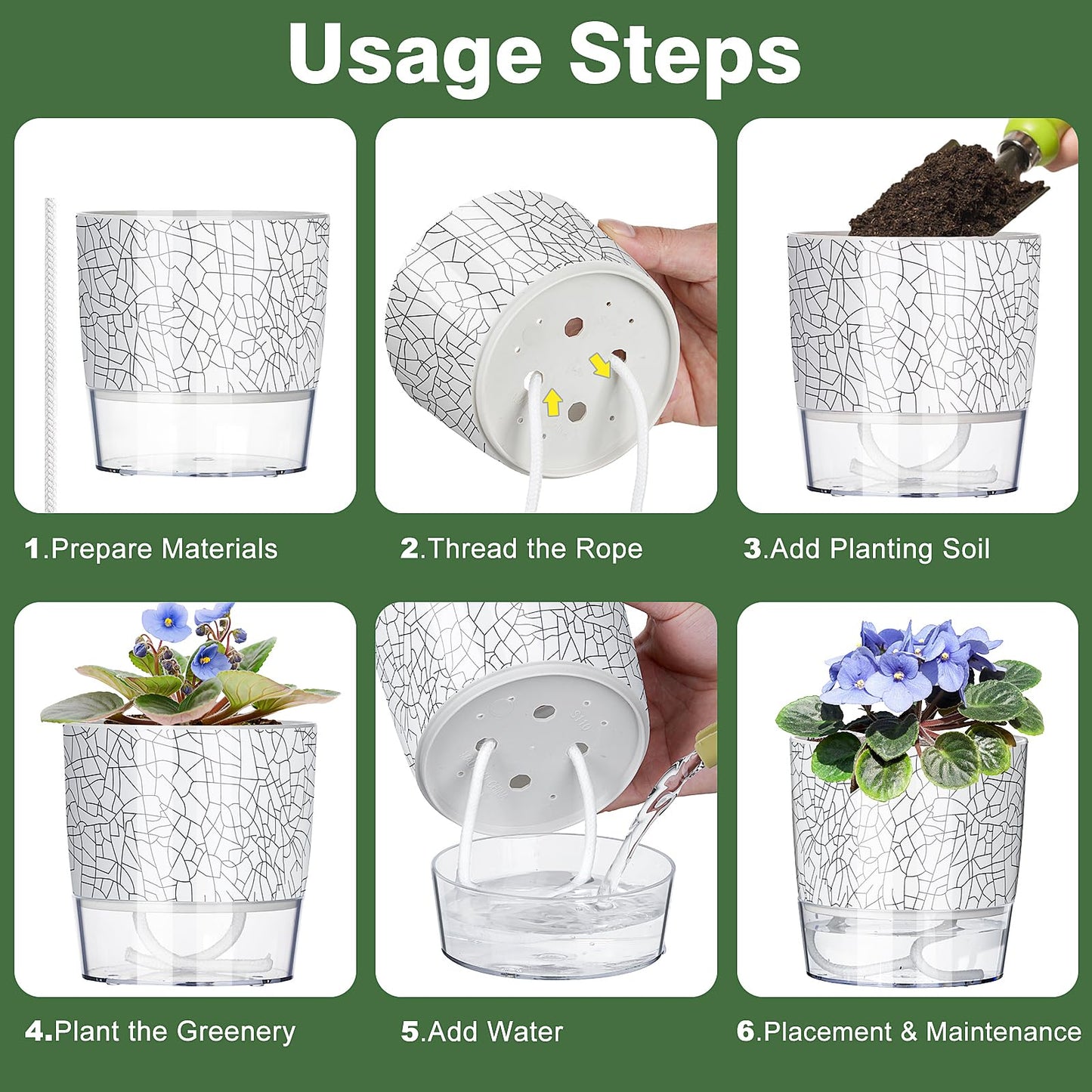 Samhe 3 Pack Self Watering Pots for Indoor Plants, 4+5.5+6.3 Inch Self Watering Plant Pots, Flower Pots with Wick Rope and Reservoir - Crack Texture