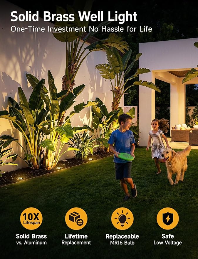 Gardenreet Low Voltage Outdoor Well Light - Brass LED All Weather 12V In Ground Lighting, Wired Low Voltage Fixture, Antique Bronze for Lawn Pathway Backyard with 4000K Neutral White MR16 Bulb