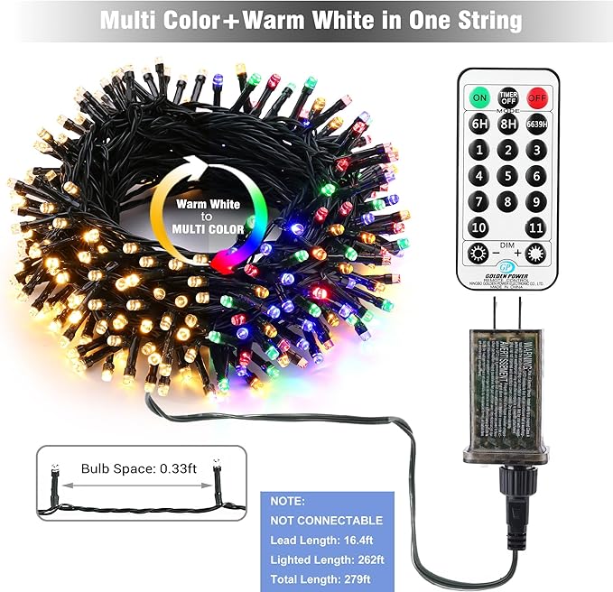 Brizled Christmas String Lights, 279ft 800 LED Color Changing Christmas Lights with Remote, 11 Modes Tree Light Warm White & Multicolor Green Wire Xmas Lights Outdoor for Xmas Party Home