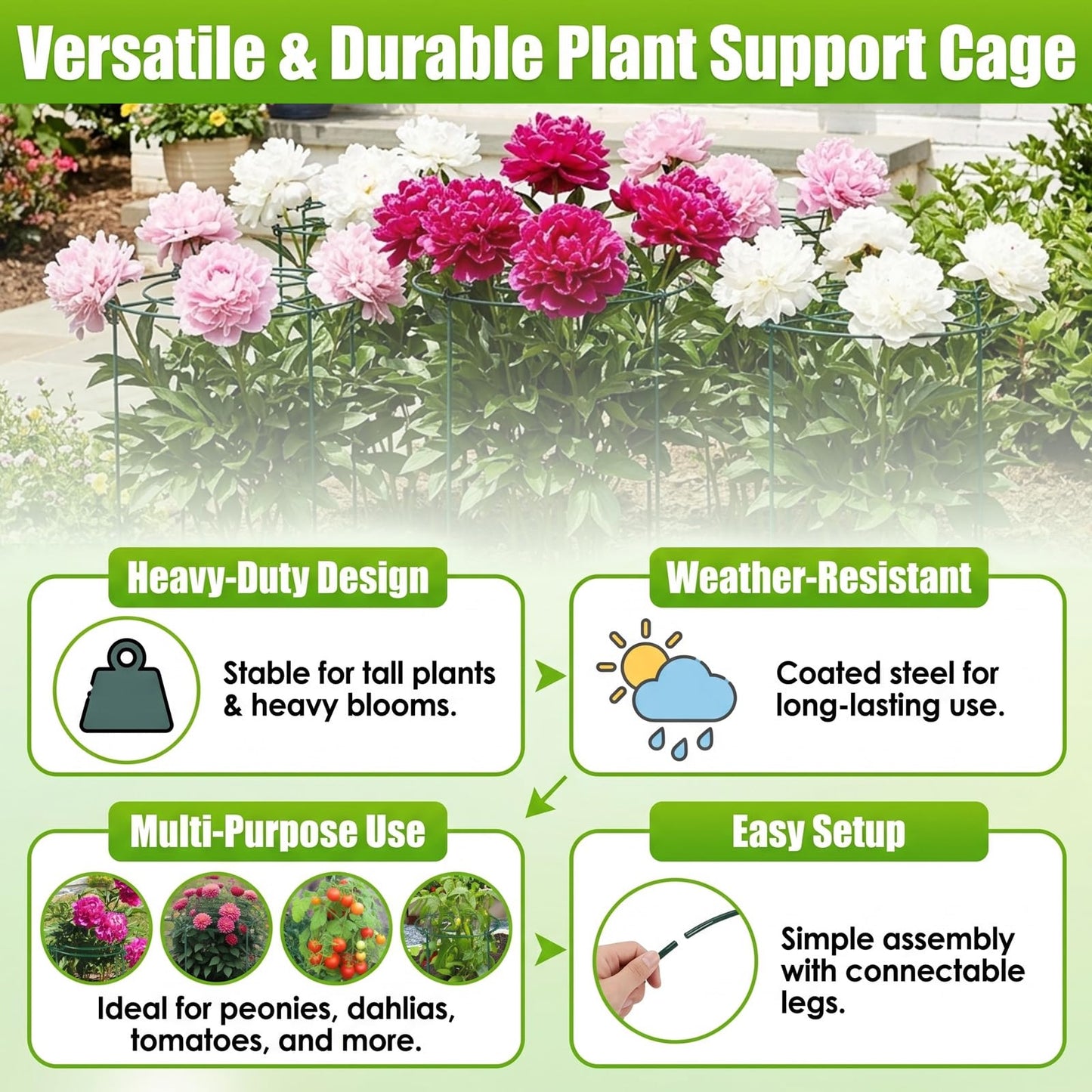 LIRAVENO Peony Cages and Supports - 8 Pack Plant Support Ring with 4 Legs 11.8" Dx17.7 H Round Potted Flower Grow Trellis Indoor Outdoor Garden Heavy Duty Metal Stakes for Rose Hydrangea Vegetables