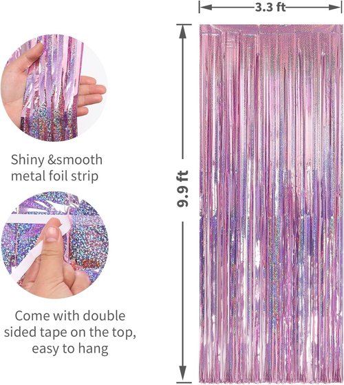 Crosize Laser Pink Foil Fringe Backdrop Curtain - 7 Pack | Perfect for Birthday Parties & Photo Booths