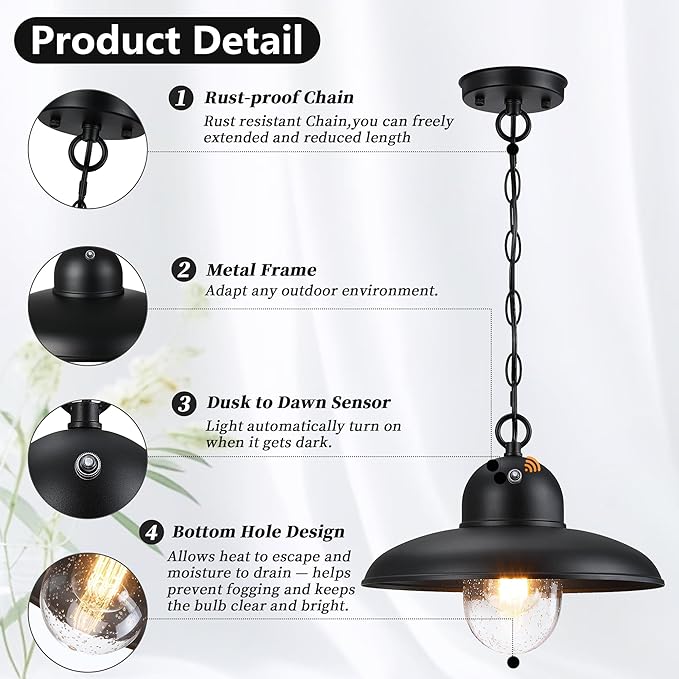 Dusk to Dawn Outdoor Pendant Lights for Porch 12", Outdoor Farmhouse Hanging Light Fixture with Adjustable Chain and Bubble Glass, Black Rustic Exterior Pendant Light for Front Door, Gazebo