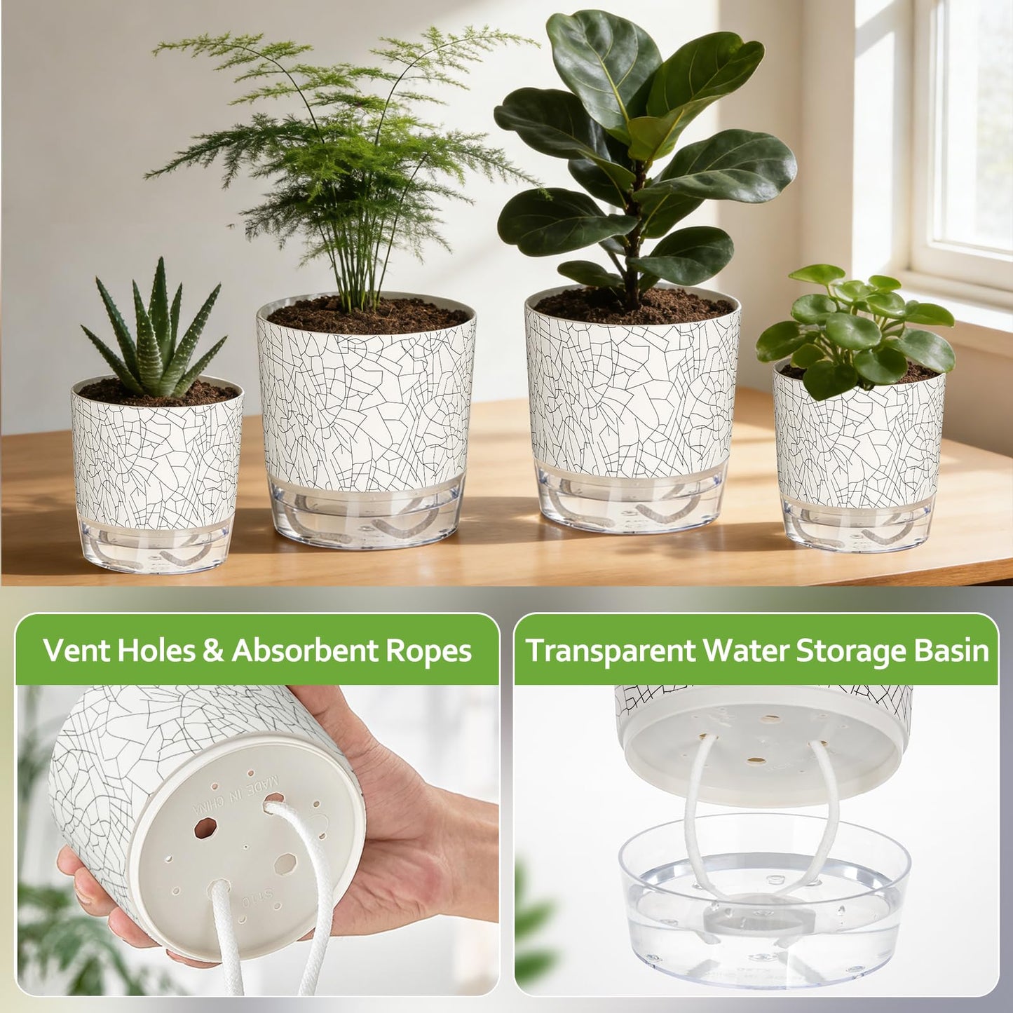 Samhe 6 Pack Self Watering Pots for Indoor Plants, 4+5.5+6.3 Inch Self Watering Plant Pots Set, Flower Pots with Wick Rope and Reservoir for African Violet, Spider Plant, Orchid - Crack Texture