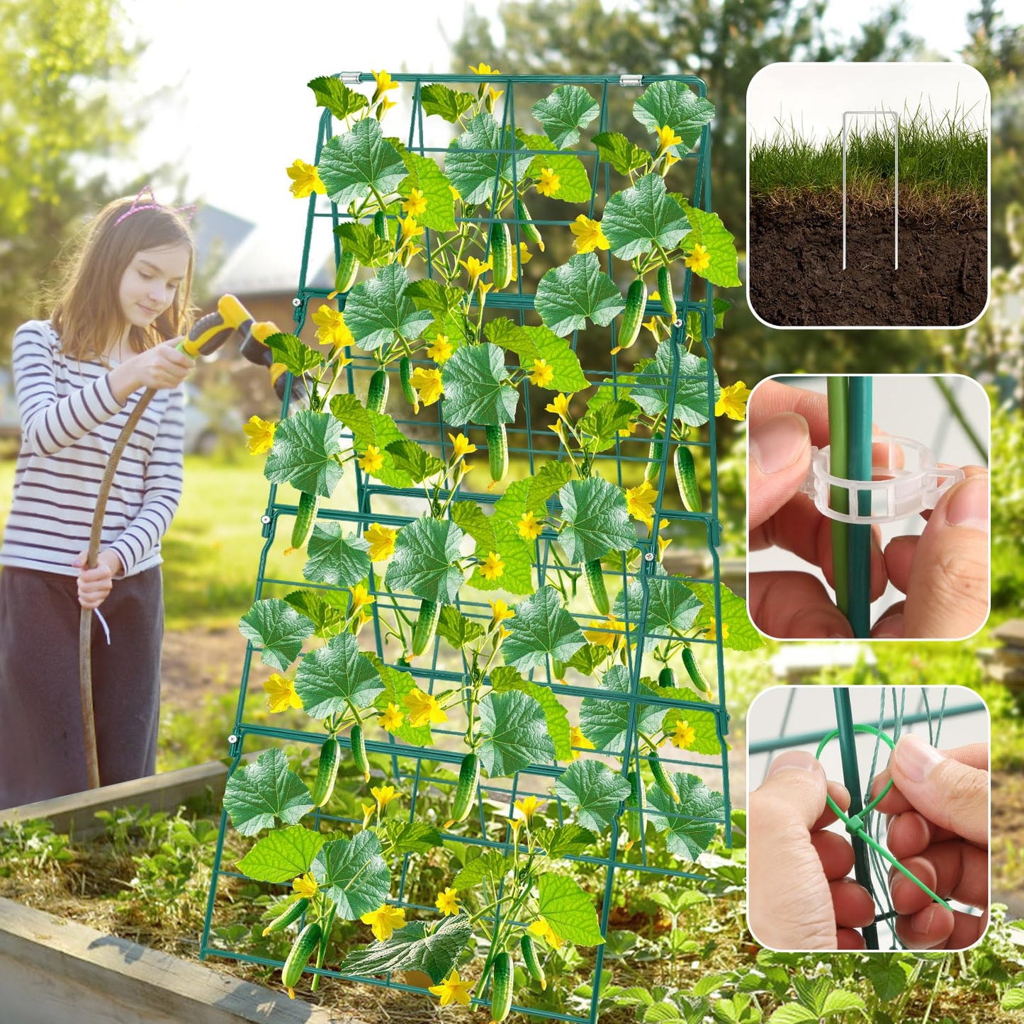 17 x 42 Inch Garden Trellis for Raised Beds Foldable Climbing Plant Support Cucumber Trellis Outdoor A-Frame Metal Vegetable Trellis with Garden Supplies for Grape Tomato Peas Flower