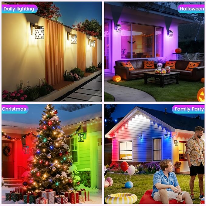 RGB Solar Wall Lights Outdoor, Dusk to Dawn & Motion Sensor Porch Light with Diamond Shape, 10 Modes (RGB Cycle/Fixed) IP65 Waterproof, E26 Bulb Exterior Sconce for Front Porch, Garage, Patio