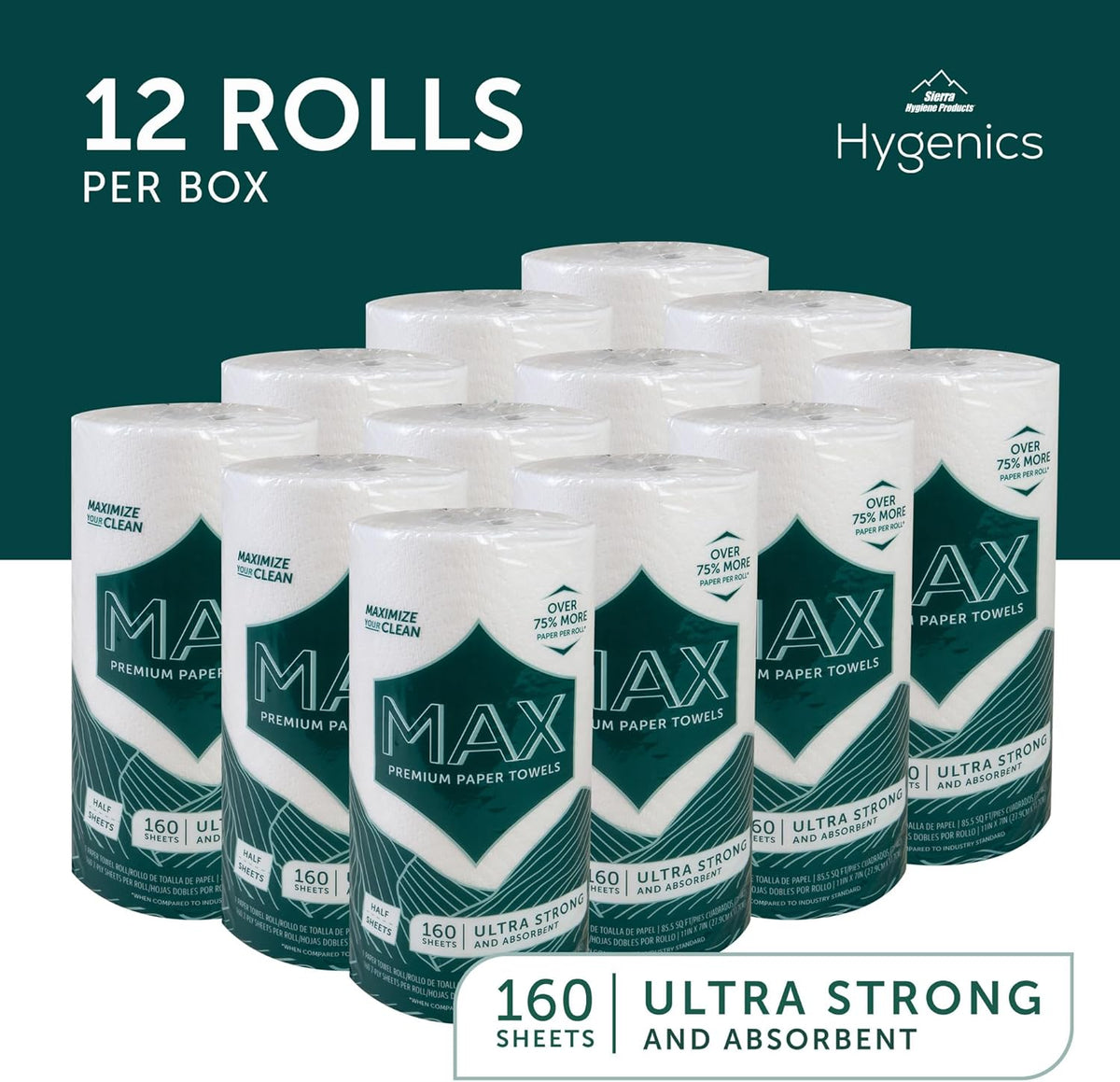 Sierra Hygenics Max 2-Ply Paper Towels - 160 Sheets Per Roll, 12 Rolls | Equivalent to 40 Regular Rolls
