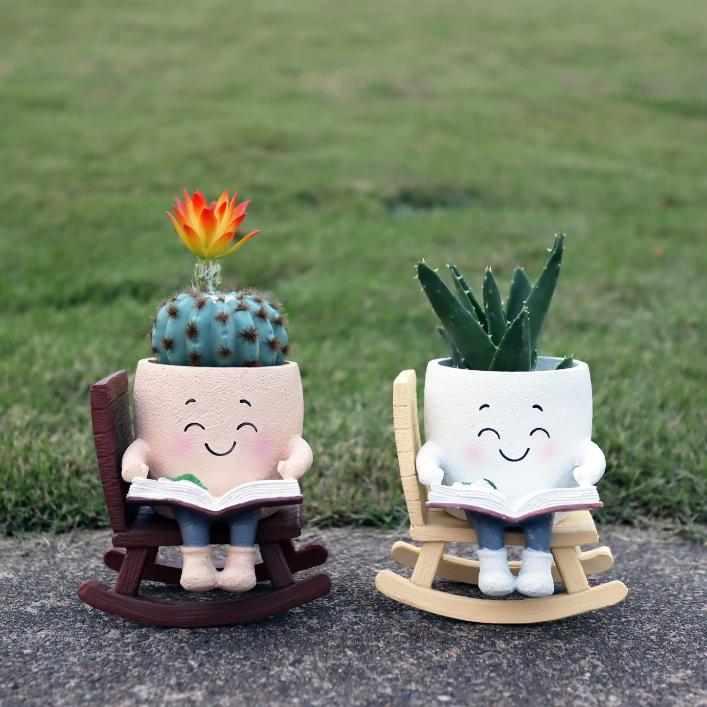 Dolkgy Cute Plant Pots Head Planters, Funny Rocking Chair Reading Book Planter Cactus Face Pot with Drainage Hole for Indoor Outdoor Plants, Unique Plant Lover Gifts