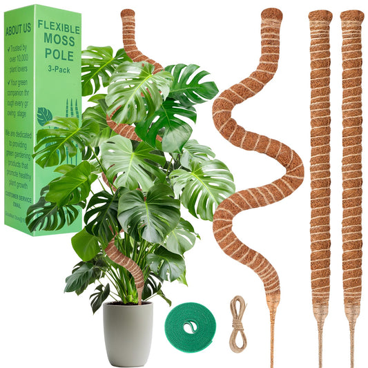 3-Pack 28 Inch Moss Pole for Climbing Plants – Natural Coir Poles with Adjustable Velcro Straps & Hemp Rope, Plant Stakes for Monstera, Pothos & Indoor Houseplants