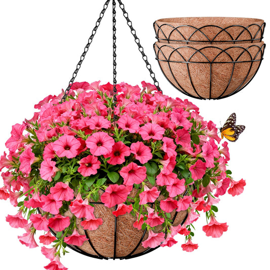Halatool 2 Pack 14 Inch Hanging Baskets for Plants Outdoor, Sturdy Metal Hanging Planter with Coco Liner for Ferns Succulents Indoor Outdoor Use Patio Fence Balcony Porch Decor