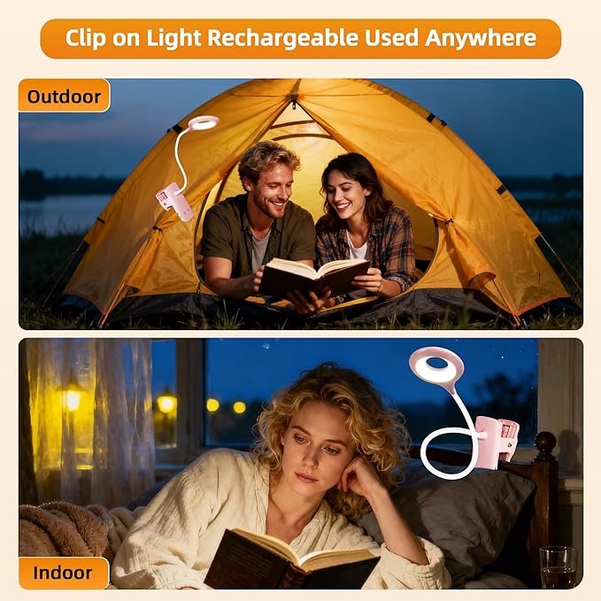 Desk Lamp LED Clip on Light, 5 Modes 5 Brightness Dimmable Clamp Light, Rechargeable Battery Flexible Clip on Reading Lamp for Bed Headboard Bunk Bed at Night for Kids (Pink)