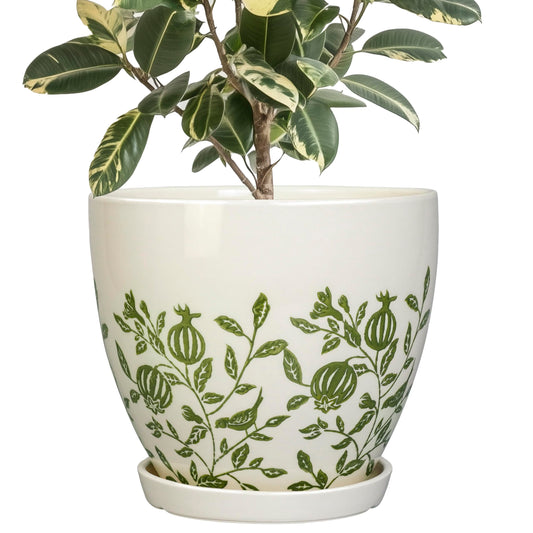 MPotTo 10 Inch Plant Pot - Ceramic Planter with Drainage Hole and Saucer, Boho Round Decorative Flower Pot for Indoor Plants, Housewarming Gifts, Office Garden Home Outdoor Decor, White