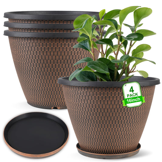 16 inch Plant Pots, Large Planters for Outdoor Plants Set of 4, Round Plastic Flower Pots with Drainage Holes & Trays, Modern Decorative Indoor Garden Pot, Plant Container for House (Black Copper)