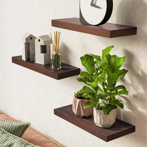 BAYKA Floating Wall Shelves - Rustic Wood Design for Bathroom, Bedroom & Living Room | Set of 3 (Walnut-Like, 15.7in)