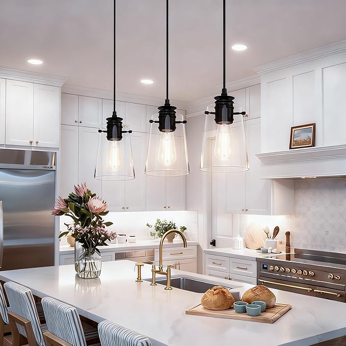 Pendant Lights Kitchen Island, Modern Industrial Pendant Light Fixtures with Glass Shade, E26 Socket Adjustable Cord for Dining Room, Bedroom, Living Room, Farmhouse Pendant Lighting 2Pcs