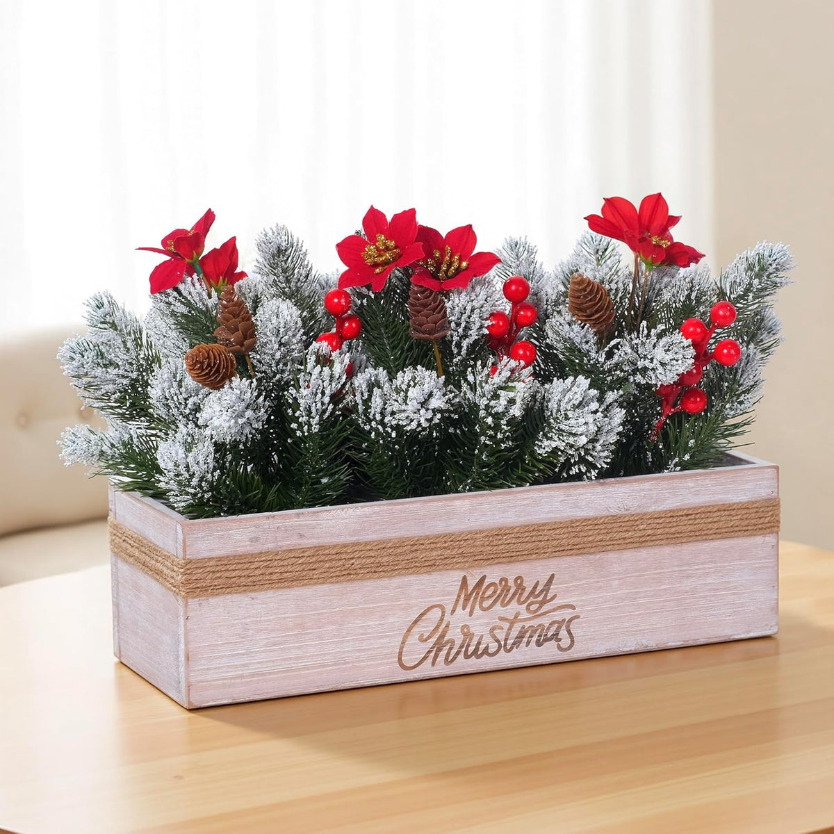 SVENJBB Christmas Table Centerpiece - Red Poinsettias, Snowy Norfolk Pine & Berries in Wooden Box