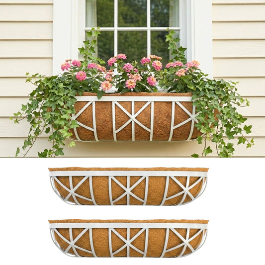 LaLaGreen 30 Inch, 2 Pack White Metal Window Planters-Wall Mount Flower Pots for Outdoor with Coco Coir Liner, Attach to House Flower Boxes Hanging Walls Plant Holders for Fence Balcony Porch, Patio