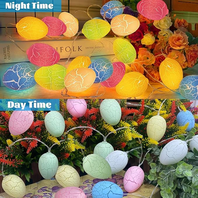 TURNMEON 2 Pack Easter Lights String Easter Decorations, Total 10 Ft 20 LED 3D Jumbo Crack Egg Light Easter String Lights Battery Operated for Home Indoor Outdoor Bedroom Eggs Hunt Party Decor