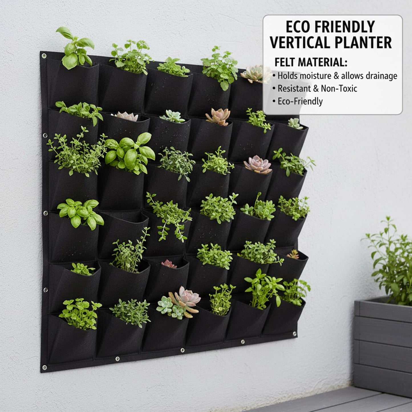 BeVistoso Vertical Garden Planter with 36 Pockets, Living Wall Planter for Indoor Outdoor Use, Thick Non-Woven Fabric Planting Bag (Black, 39.4"x39.4")