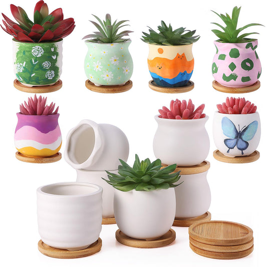 Remerry 6 Pcs 3.5 Inch Mini Succulent Pots with Bamboo Tray White Ceramic Pots Color Your Own DIY Small Planters Containers for Flower Cactus with Drainage Hole for Plant Lover