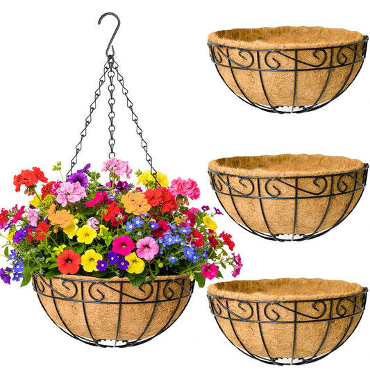 SMYAXUNW 4 Pack Hanging Planters 12 Inch Metal Hanging Planter Basket Flower Pots with Coco Coir Liners Round Wire Plant Holder with Chain for Indoor Outdoor Patio Porch Garden Decoration（HB）