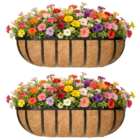 EIMQUVW 30 Inch Railing Planter Window Box Deck Balcony Rail Planter with Coco Liner Metal Wall-Mounted Coconut Liner Basket English Horse Trough for Outdoor Balcony Porch Fence Patio (2 Pack)