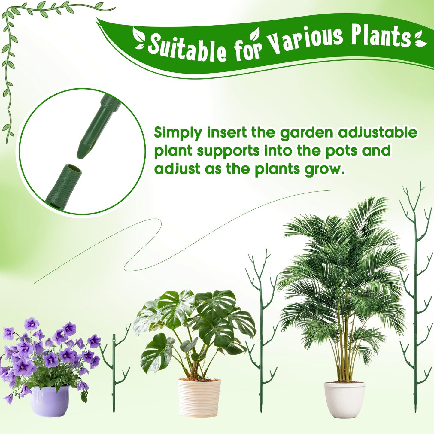 SiliFine 24 Pack Stackable Monstera Plant Support Stakes up to 39.5 Inch Adjustable Plant Support Stakes with 12 Clips and Ties for Indoor Outdoor Plants Sticks Tall Pothos Climbing