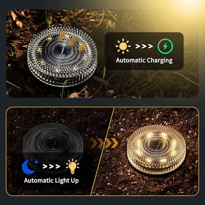 Glass Solar Ground Lights with Crystal Style, Modular-Design Waterproof In-Ground Light for Patio Pathway Lawn Yard Deck Walkway, Decorative Disk Lighting for Garden Bed, Warm White (4 Pack)