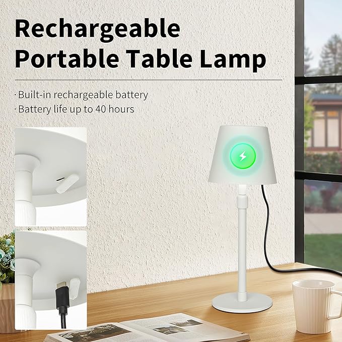 Mr.White Outdoor Waterproof Rechargeable Cordless Table Lamp with Telescopic Pole & Wicker Shade, 5200mAh Battery Operated Table Light with Touch Control, for Patio Restaurant Kitchen (White)