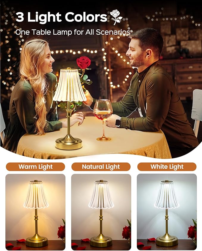 JACKYLED Vintage Cordless Table Lamp, Acrylic Crystal Flower Lamp Shade, 3 Colors Dimmable LED Golden Lamp, 5400mAh Battery Operated Rechargeable Lamp for Kitchen Counter Home Decor