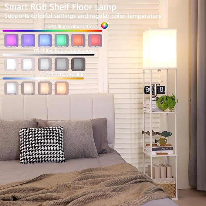 Floor Lamp with Shelves, with Modern Square Standing Lamp with Smart APP Control RGB Bulb, Corner Display Bookshelf Lamp for Living Room, Bedroom and Office (White-9RGB)
