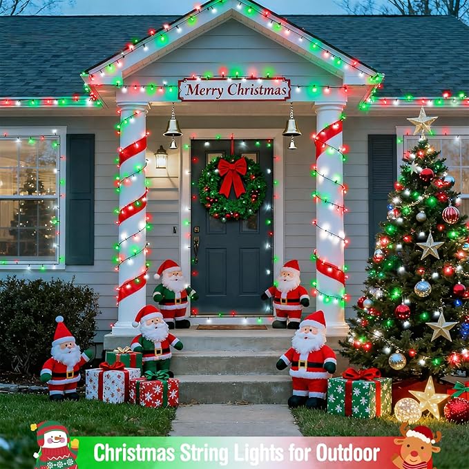 JMEXSUSS 200 LED Red White and Green Christmas Lights Outdoor, 66ft Connectable Twinkle String Lights Plug in, 8 Modes Waterproof Christmas Tree Lights for Outside Indoor Yard Xmas Decoration