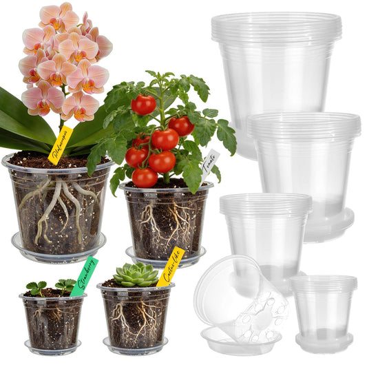 Clear Nursery Pots with Saucers 24 Pack, 4/5/6/7 Inch Plastic Plant Pots, for Indoor Outdoor Succulents Orchids Seedlings, Flower Containers with Drainage Holes and Tray, Small Garden Planters