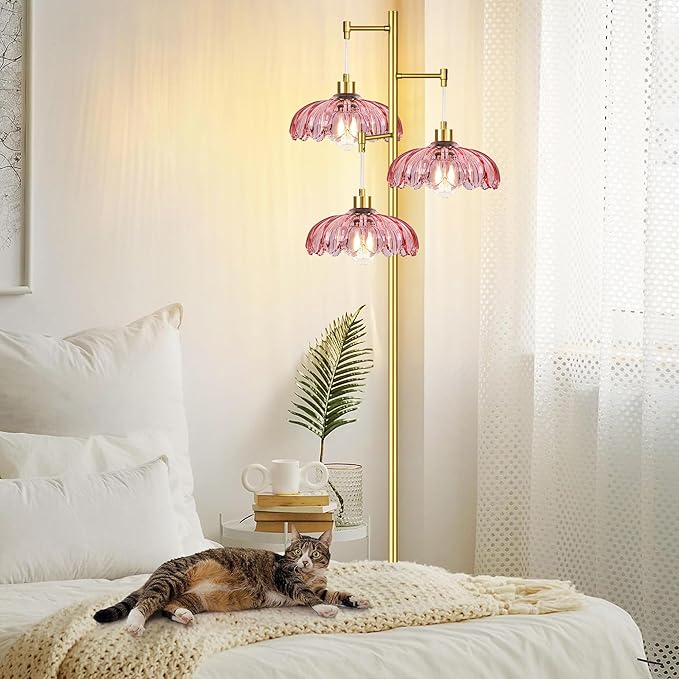 Pink Floor Lamp for Living Room,Bedroom,Gold Flower Mid Century Modern Standing Lamp Brass Tree 3 Light Tall Floor Lamps Vintage Floor Lights Glass Lamp Shade Farmhouse Boho Bohemian