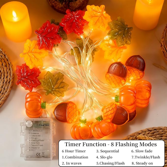 Thanksgiving String Lights,10FT 20LED Fall Decor Lights Battery Operated Waterproof Hang Autumn Fairy Light for Indoor Outdoor, Acorn Maple Leaf Pumpkin String Lights Decoration for 2026 Home & Party