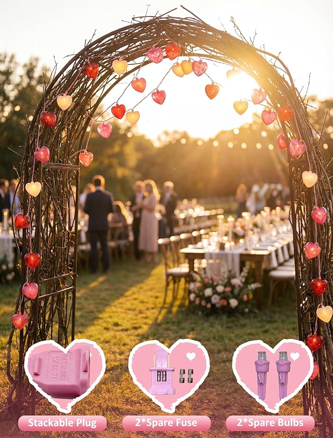 12Ft Red Pink White Heart String Lights, 20 LED 3D Glitter Hearts Plug in Fairy Lights, Connectable Waterproof Valentine's Day Decorations for Bedroom, Window, Wedding, Anniversary, Indoor Outdoor