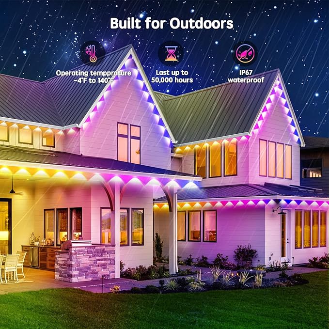 50FT Permanent Outdoor RGB Lights,IP67 Waterproof Smart LED Eaves Lights with App/Remote Control,for Christmas and All Holiday Decor,Daily and Accent Lighting,House Roof and Garden Lighting